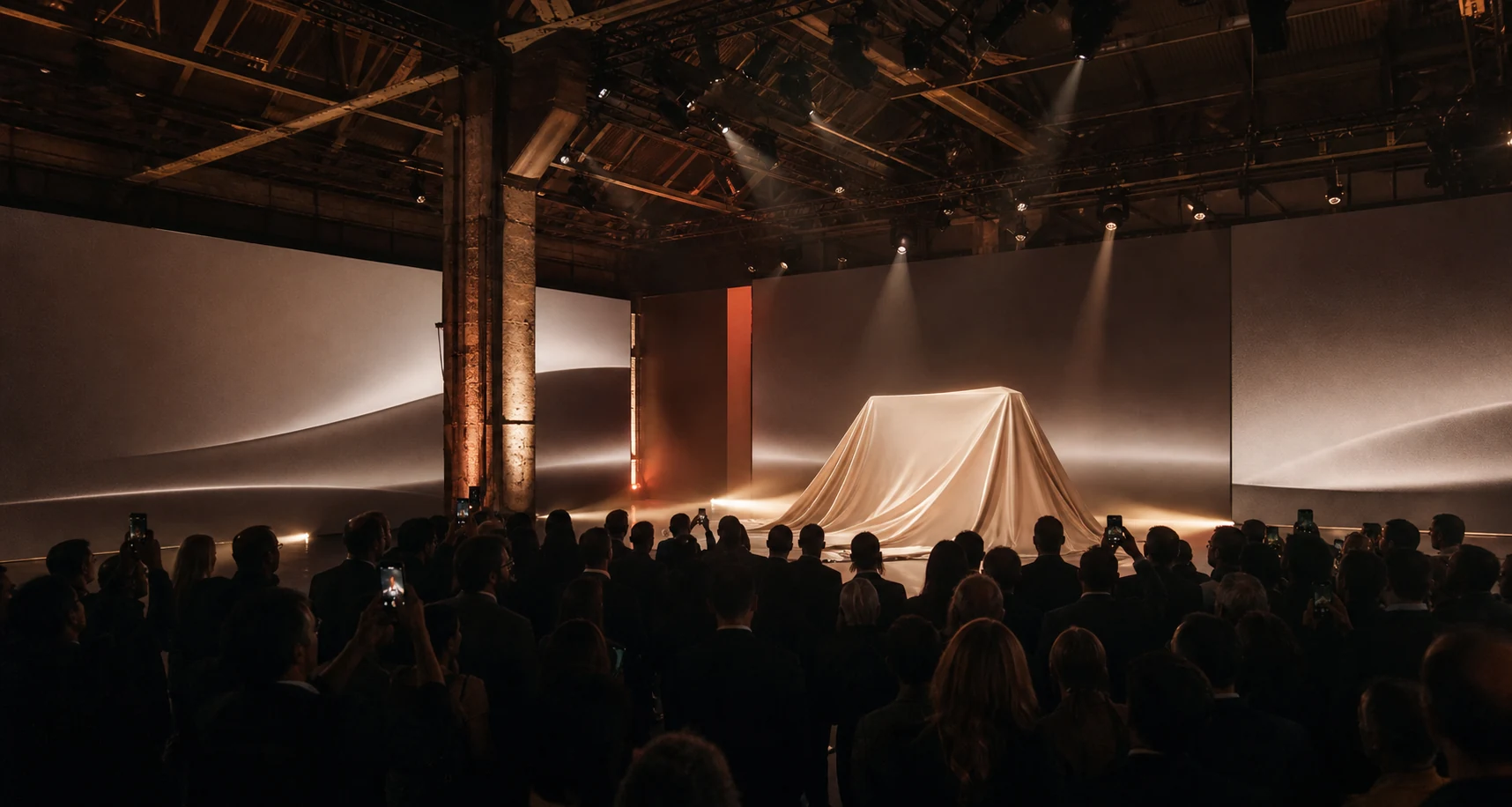 Een publiek kijkt naar een precies uitgelichte reveal in een industriële eventlocatie
