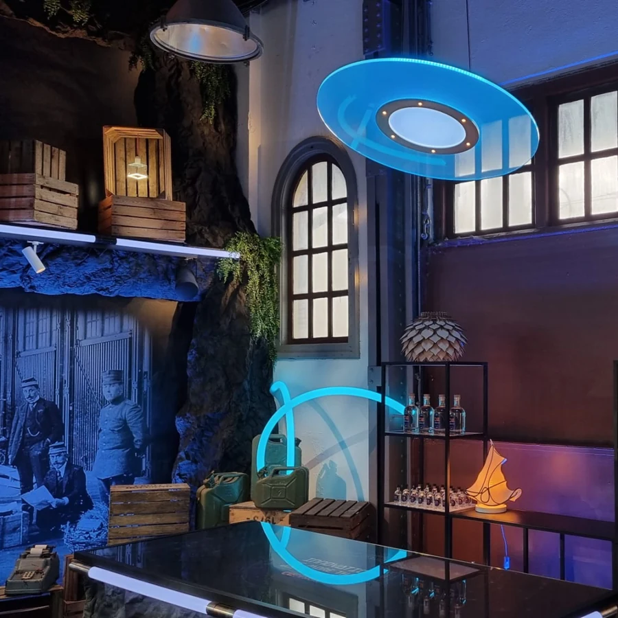 An installed lighting project with decorative fixtures in a hospitality venue