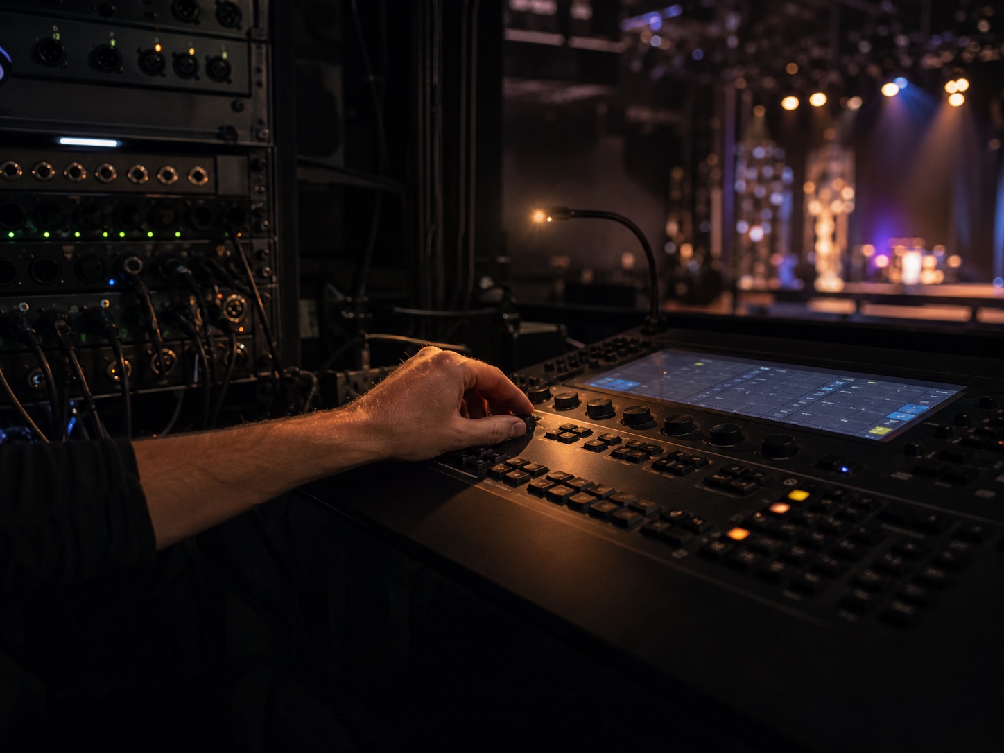 Een technicus bedient een professioneel showbesturingssysteem met zicht op een live podium