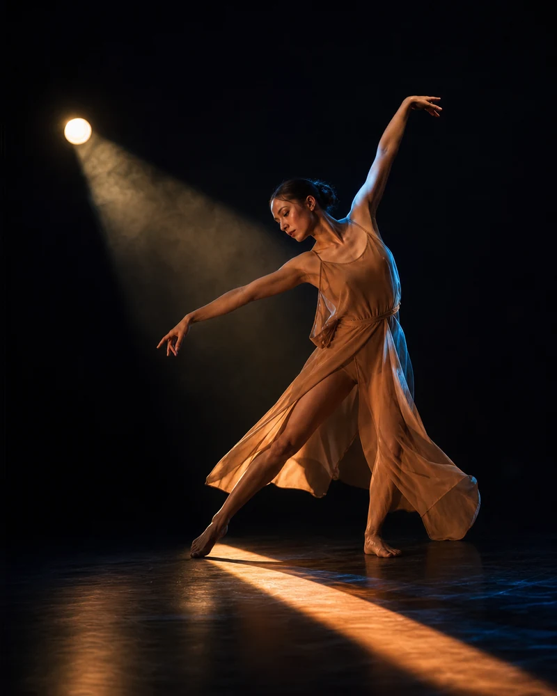 Een danser gevangen door een precieze volgspot op een zwart podium
